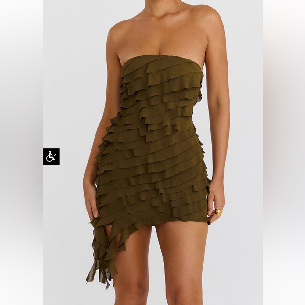new Mistress Rocks Olive Strapless Ruffle Mini Dress chiffon asymmetrical cut